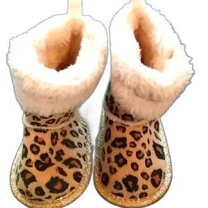 Bebe Baby size 1 infant Leopard Boots Slip On Faux Fur Trim Lined Glittery